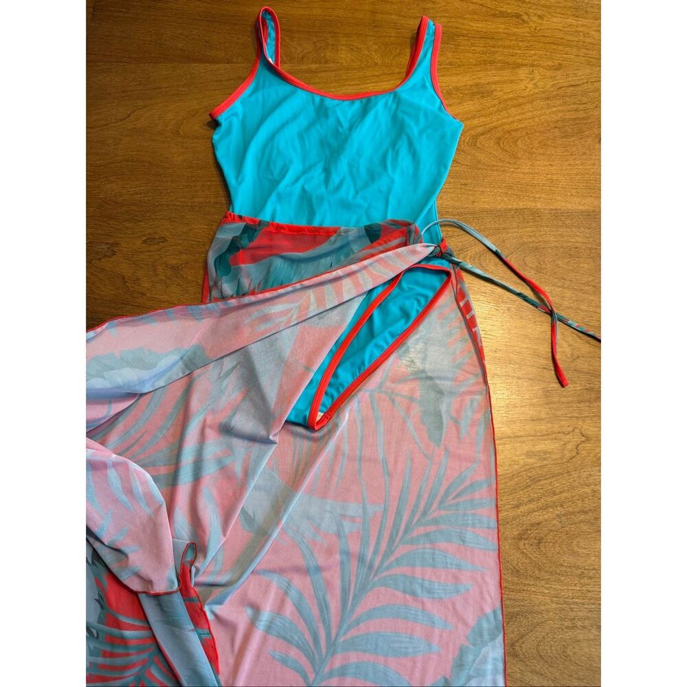 Bali Studio Women's One Piece Swimsuit Cover Skirt Set Teal Red Orange Medium/14 - Picture 2 of 12